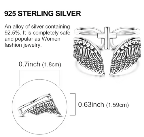 Vintage Angel Wings & Cross Double Band Ring Adjustable Open Ring