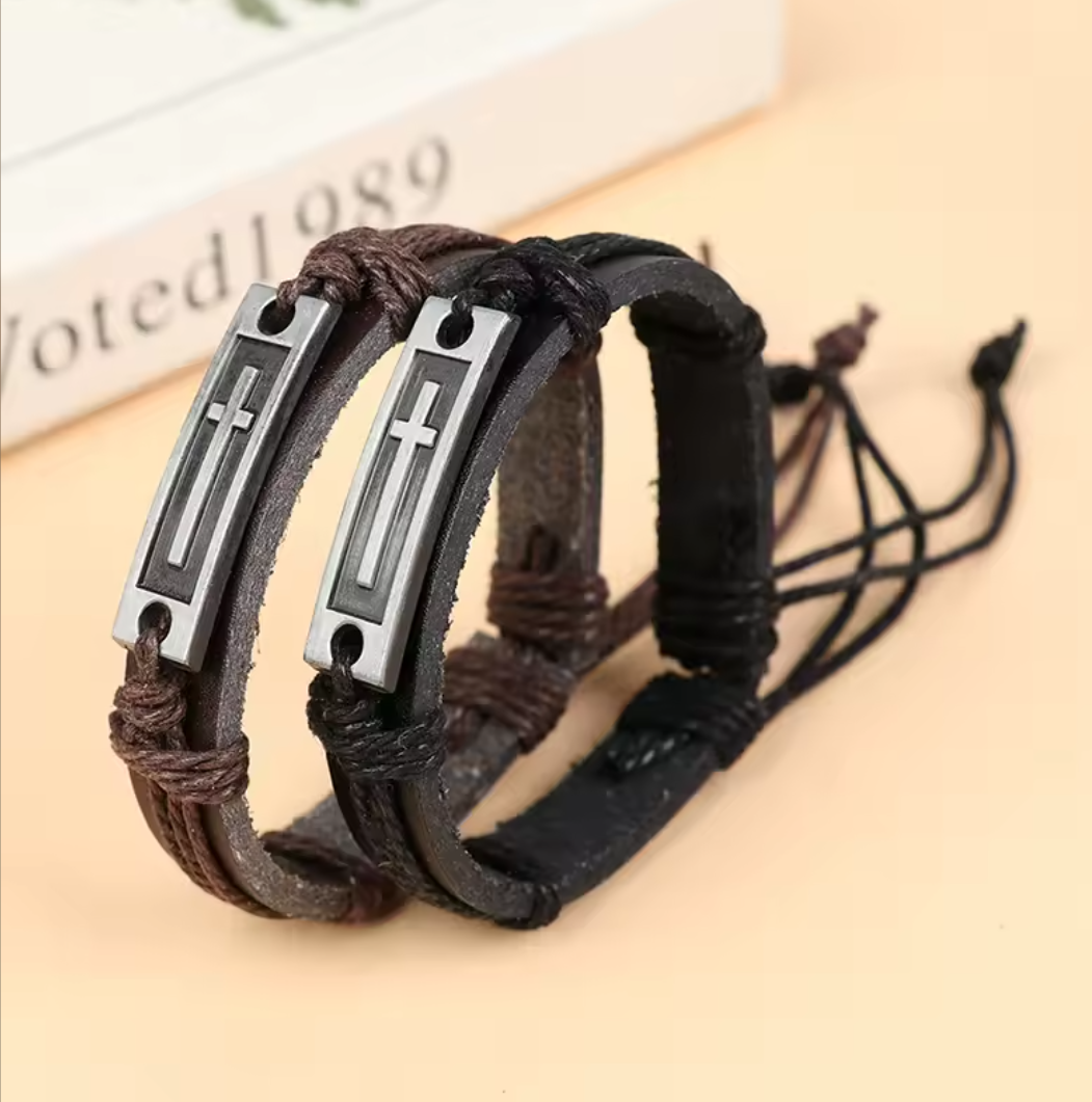 Christian Brown | Black Cross Leather Bracelet