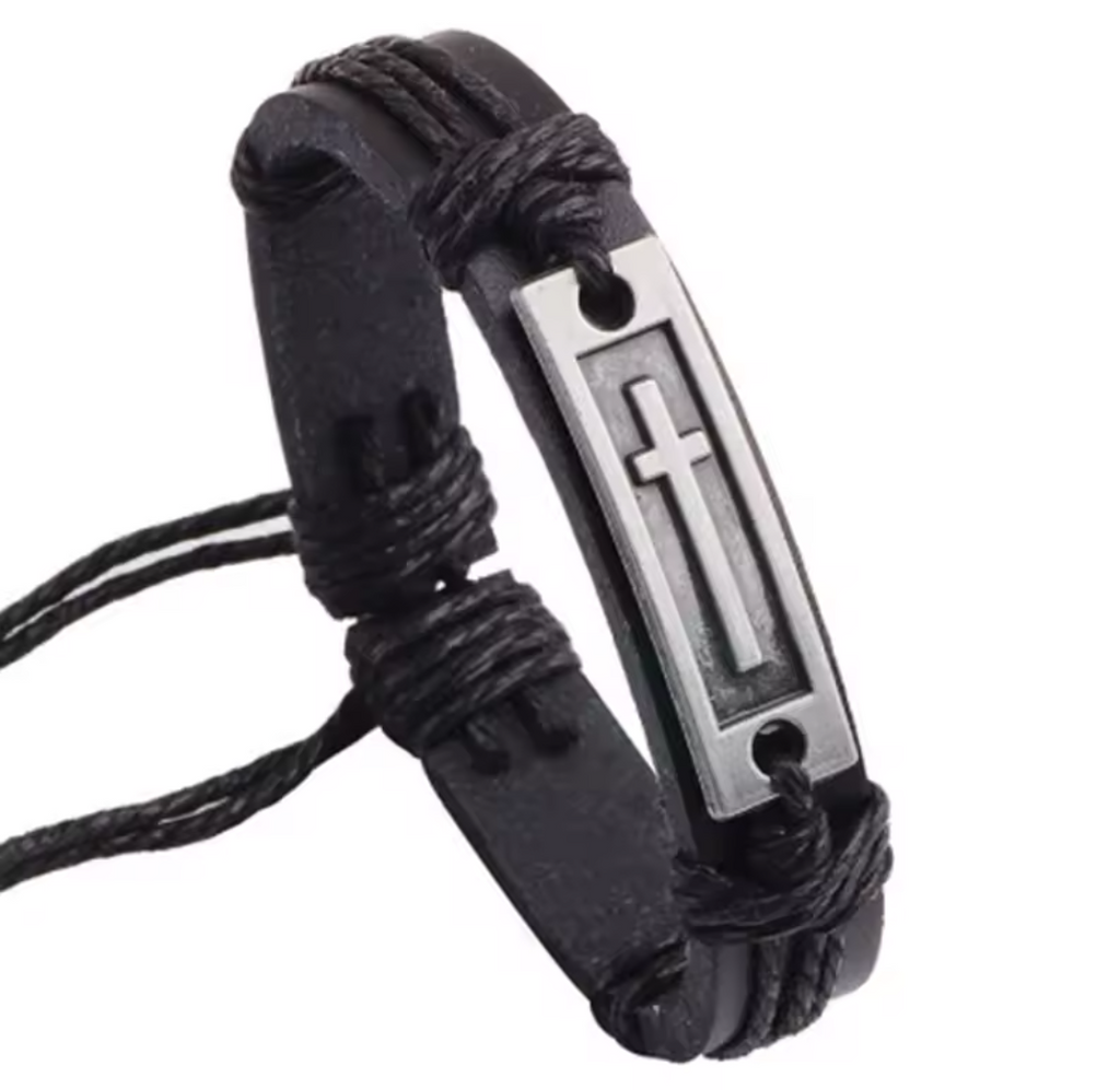 Christian Brown | Black Cross Leather Bracelet