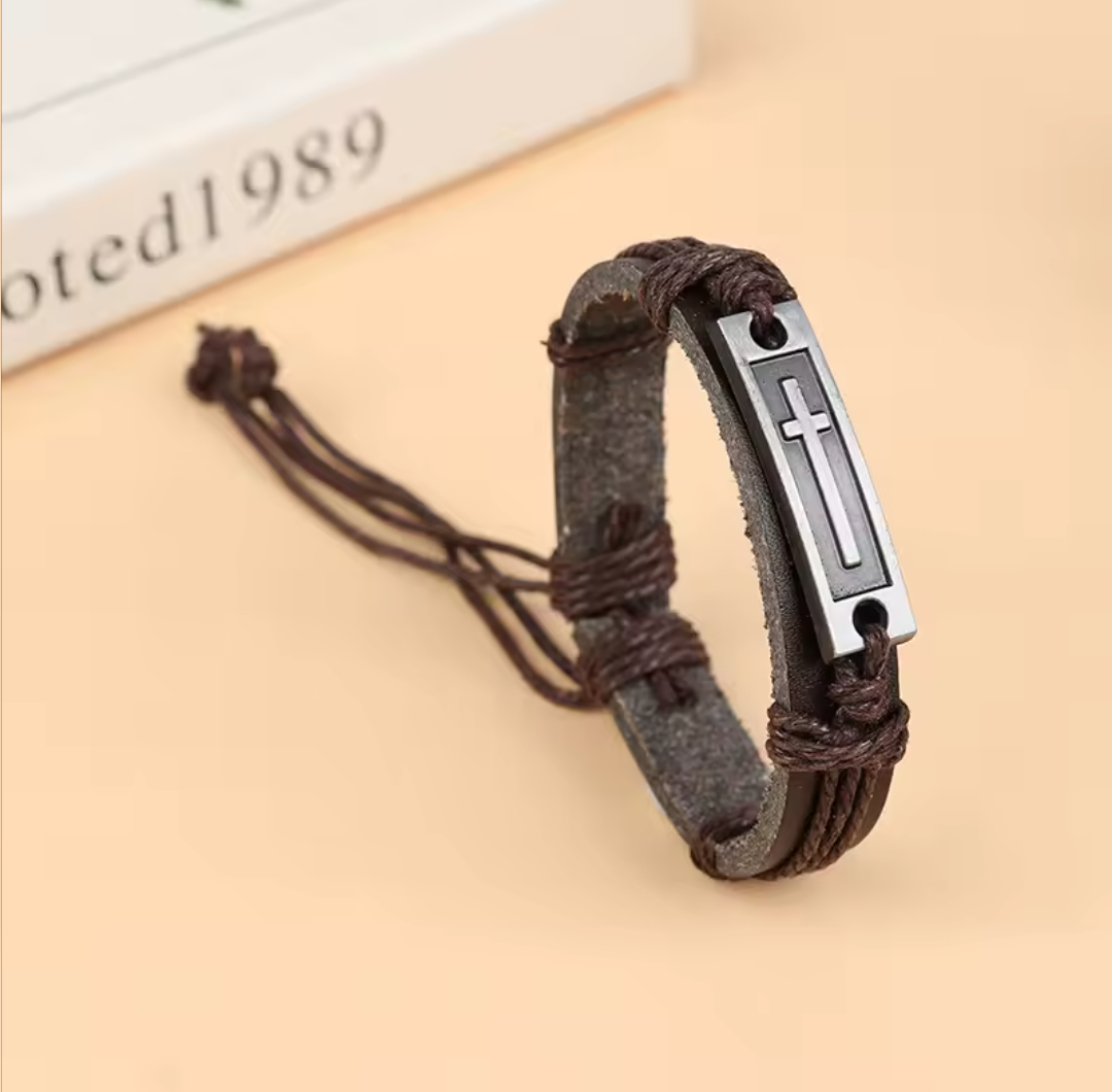 Christian Brown | Black Cross Leather Bracelet