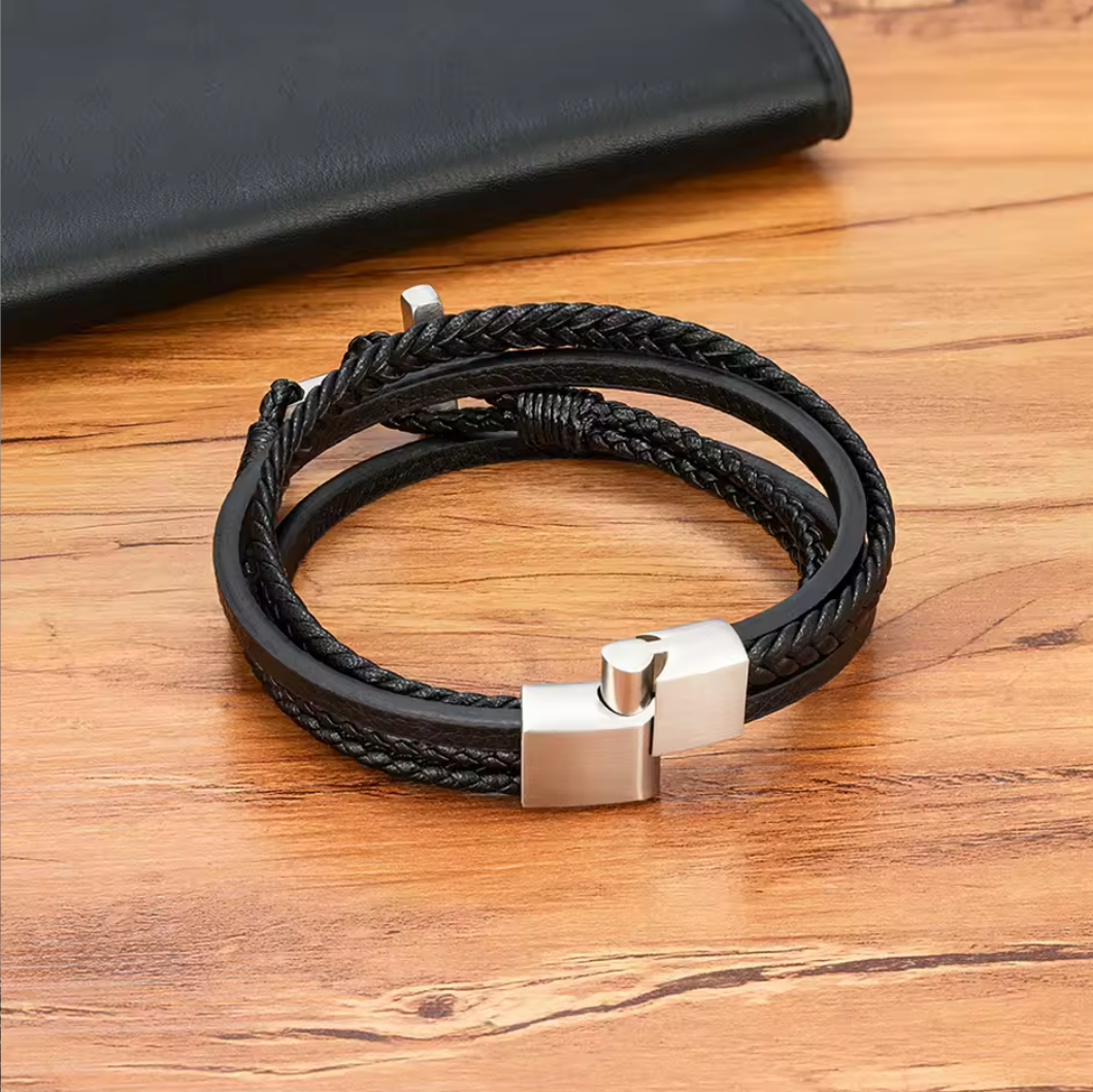 Stainless Steel Cross Leather Magnet Clasp Bracelet
