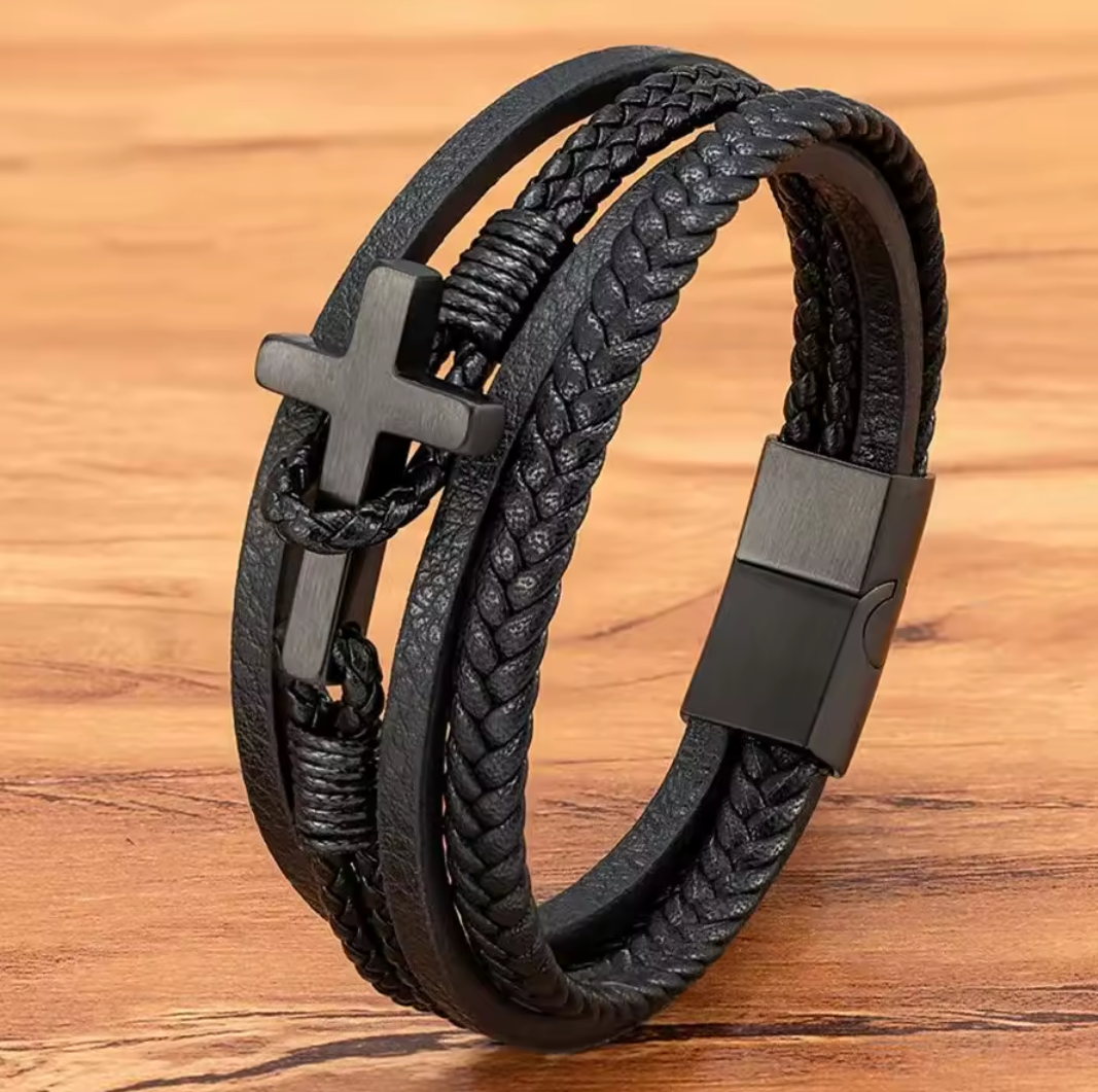 Stainless Steel Cross Leather Magnet Clasp Bracelet