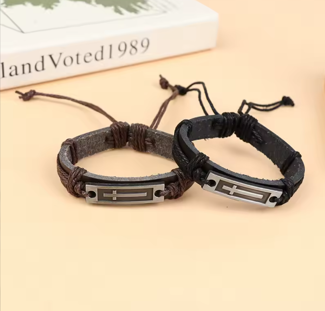 Christian Brown | Black Cross Leather Bracelet