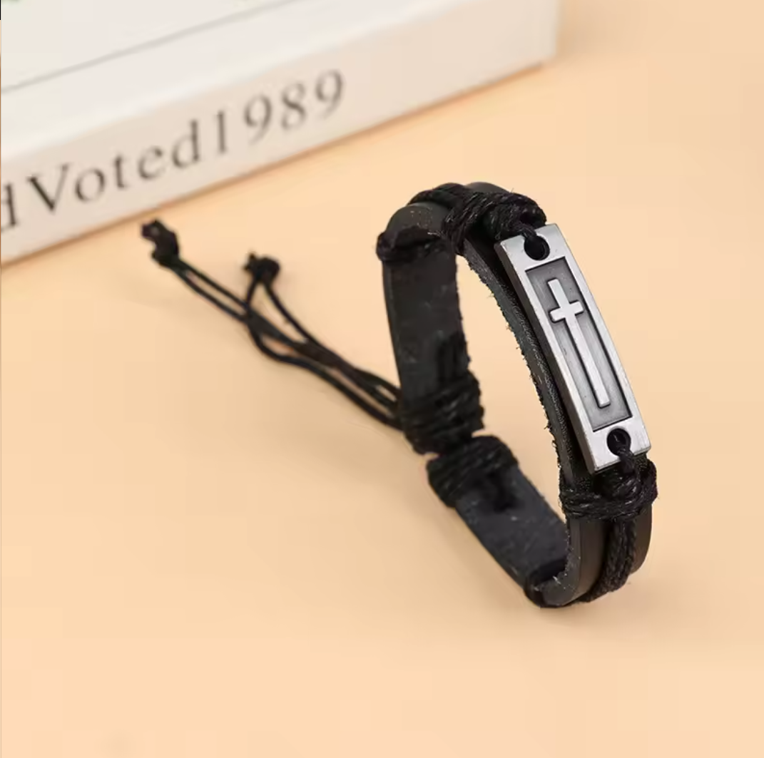 Christian Brown | Black Cross Leather Bracelet