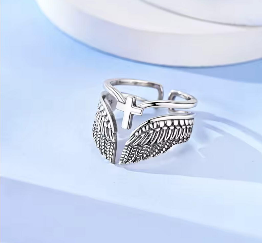Vintage Angel Wings & Cross Double Band Ring Adjustable Open Ring