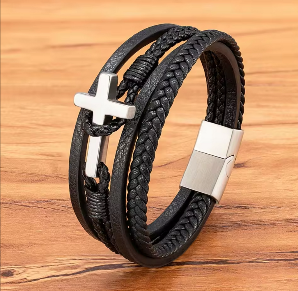 Stainless Steel Cross Leather Magnet Clasp Bracelet