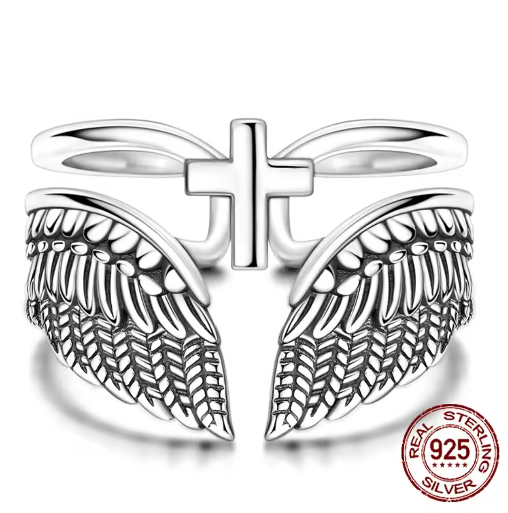 Vintage Angel Wings & Cross Double Band Ring Adjustable Open Ring