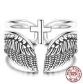 Vintage Angel Wings & Cross Double Band Ring Adjustable Open Ring