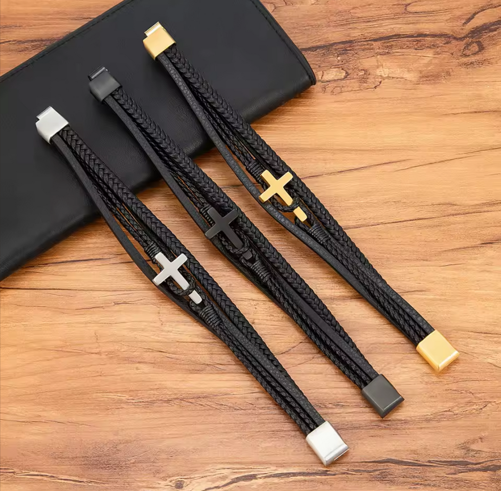 Stainless Steel Cross Leather Magnet Clasp Bracelet