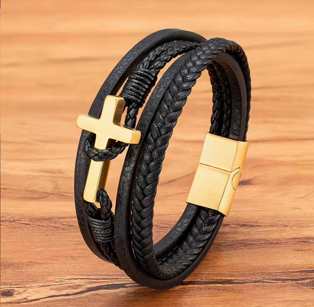 Stainless Steel Cross Leather Magnet Clasp Bracelet